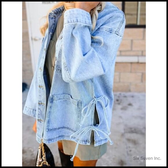 Oversized Denim Jacket Side Tie Bow Detail Boho Chic Boyfriend Fit - Picture 6 of 7